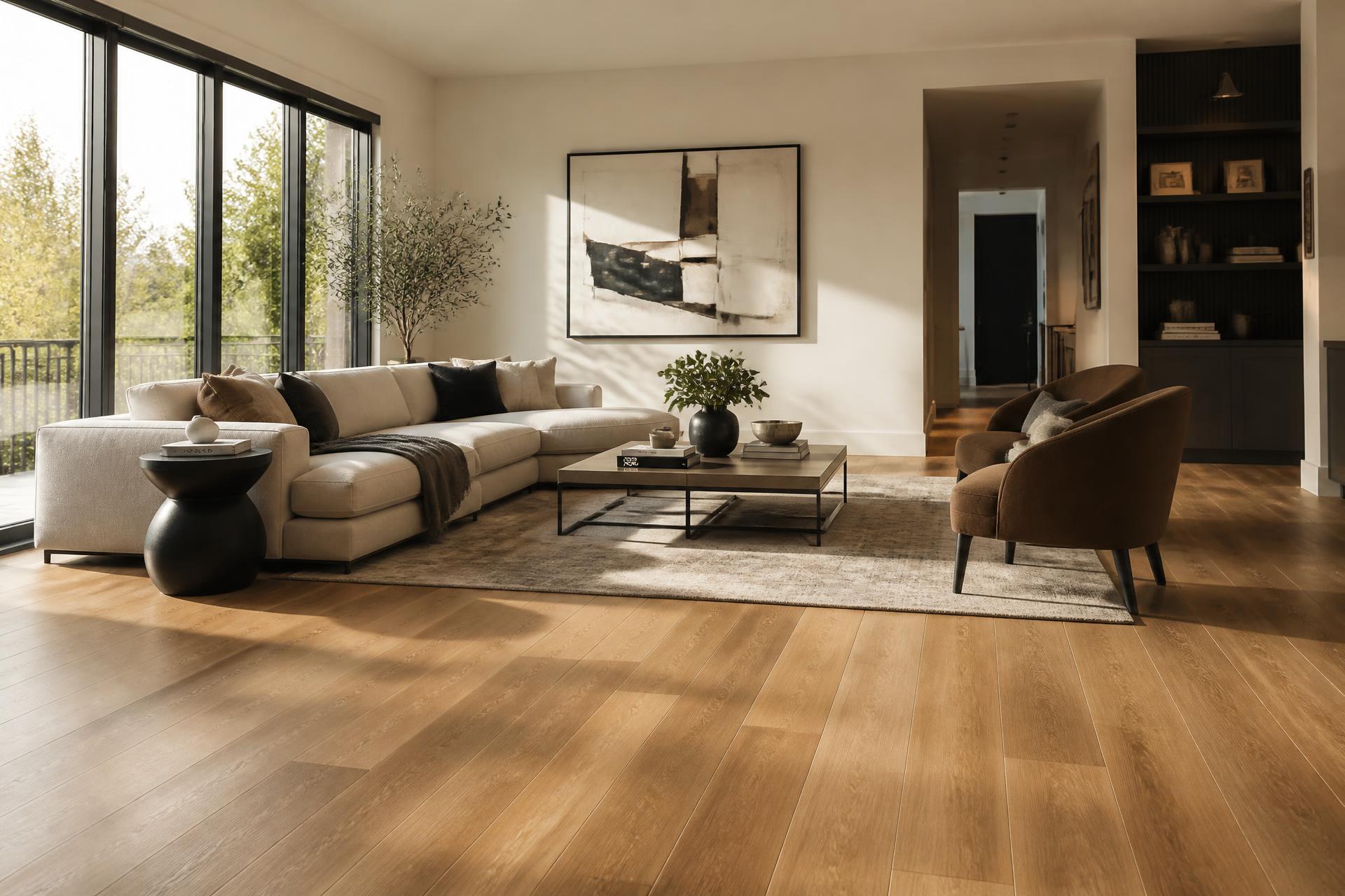 Modern Virginia living room with luxury vinyl plank flooring installed by Barry's Carpet & Flooring