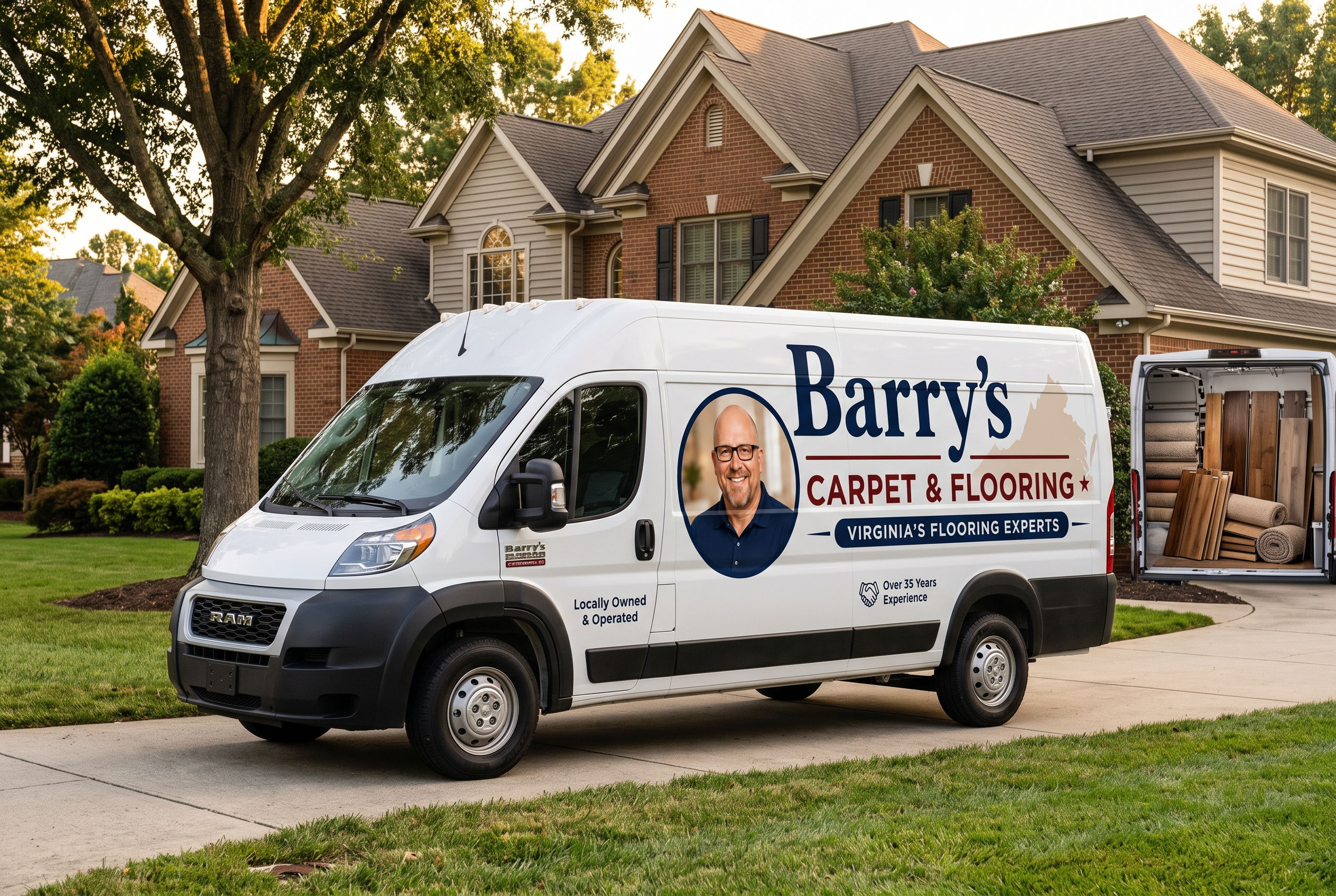 Barry's Carpet & Flooring branded van bringing flooring samples to a Virginia home