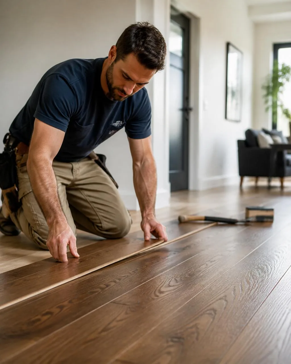 Craftsman carefully installing quality flooring